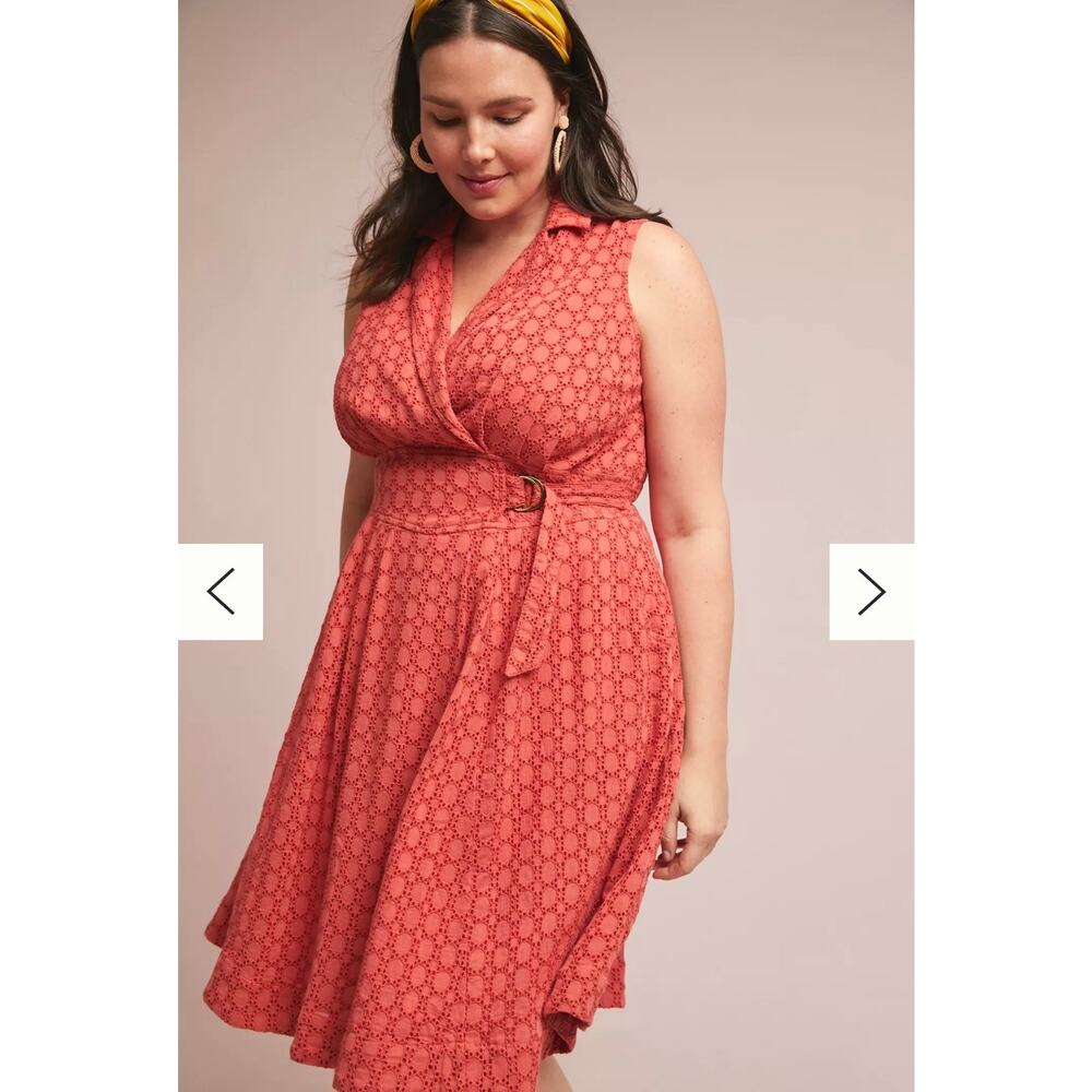 Anthropologie Elm Collared Dress 16W Midi Eyelet Burnt Orange Belted Sleeveless